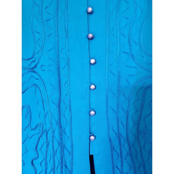 Vintage 90s Aqua Blue Embellished Relaxed Flowy Button Up Blouse Tunic, Medium - Picture 6 of 11